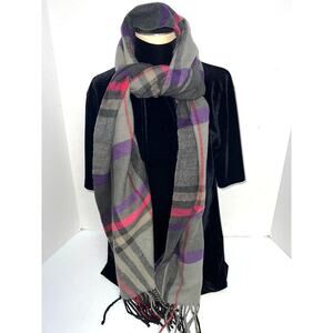 Made in Scotland Womens Scarf Cashmere Plaid Fringe Pink Gray Purple Snowbunny